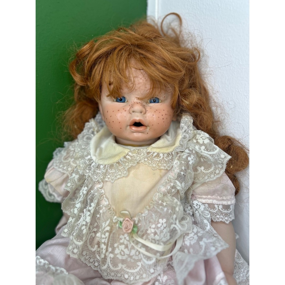 Vintage Porcelain Doll Red Hair Blue Eyes Freckles Pink Lace Dress Victorian - Picture 7 of 9